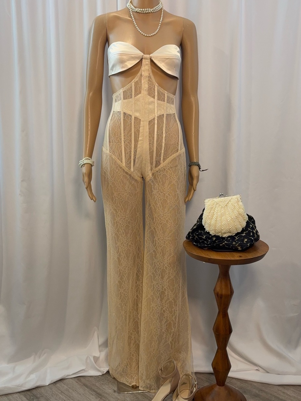 Sheer Lace Cutout Jumpsuit in Cream